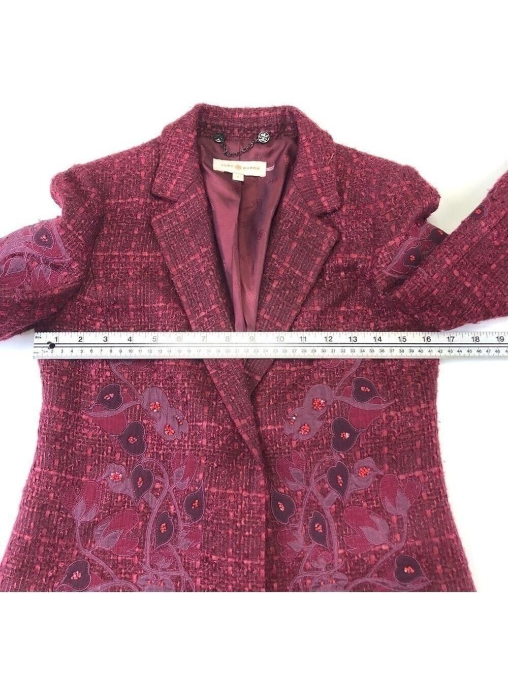 Tory Burch Patsy Glazed Tweed dark plum long line coat Size 2 appliqué embellish - Picture 5 of 14